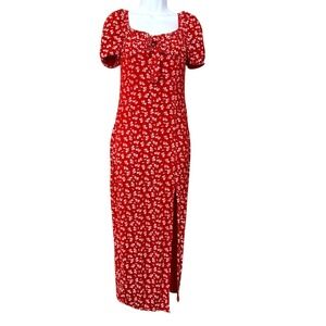 Missguided Maxi Dress Womens US‎ 8 Red Floral Milkmaid Puff Sleeve Jersey Knit